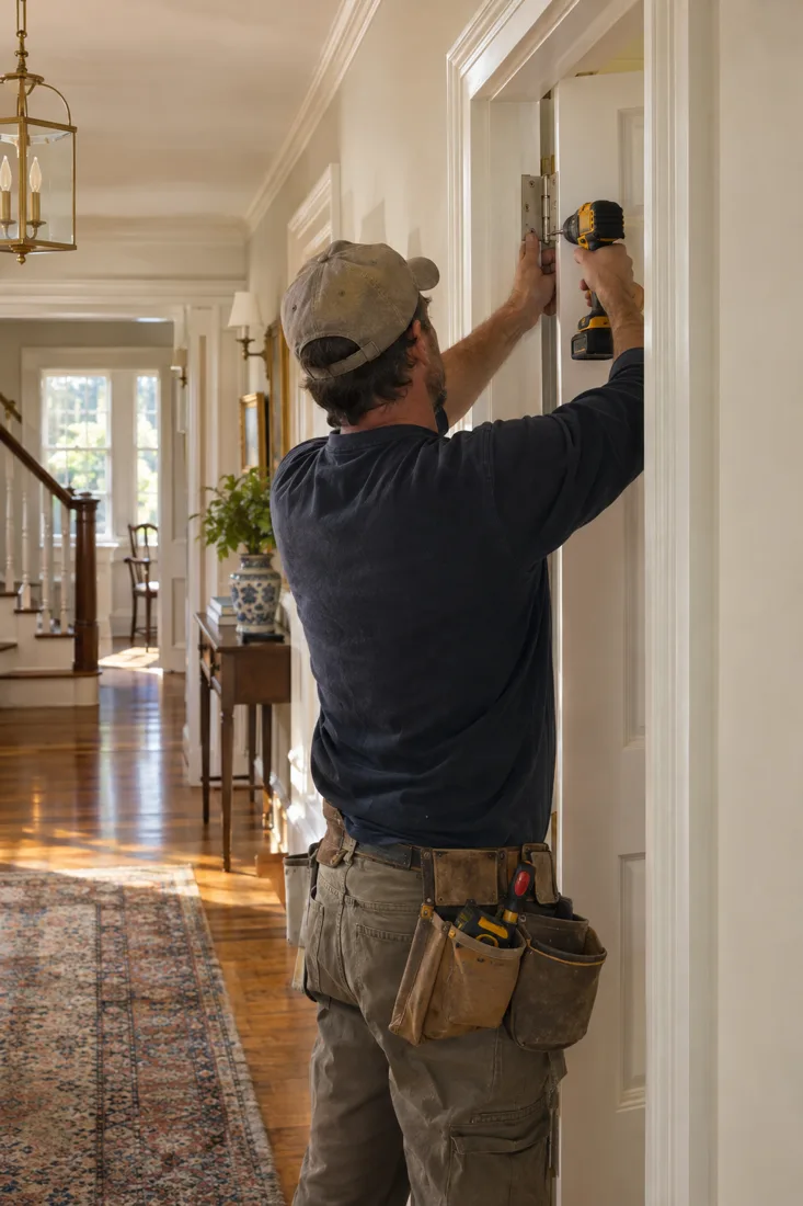 Illustrative view of interior door hardware being adjusted